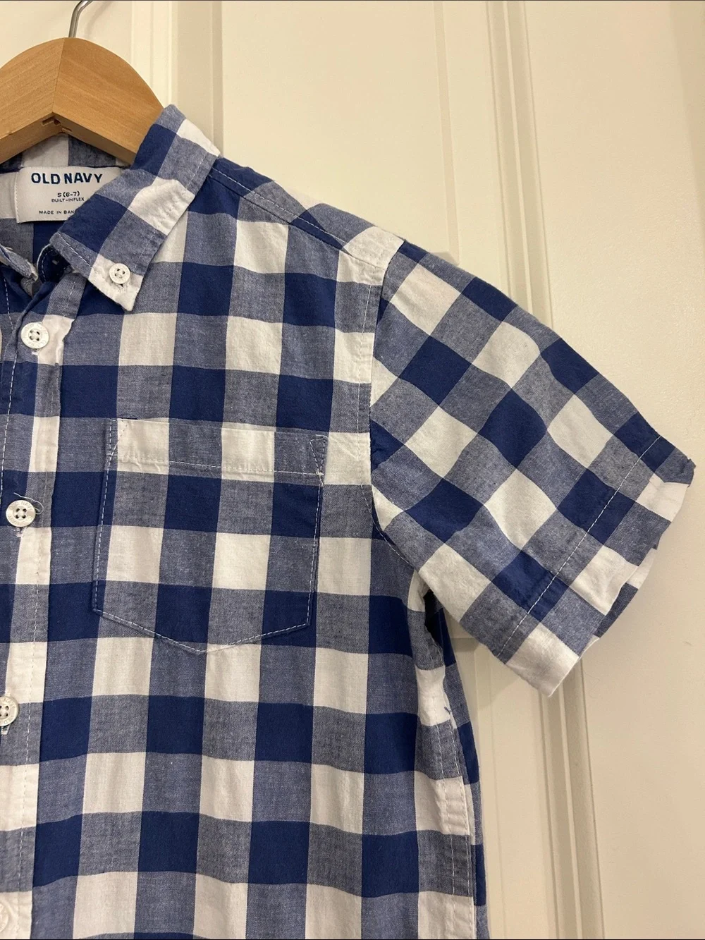 Old Navy Boys Blue White Gingham Short Sleeve Button Down Shirt Size S 6/7